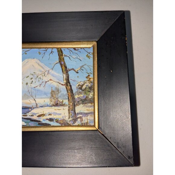 Set Of 4 Hand-Painted Mount Fuji Seasonal Scenes in Black & Gold Wooden Frames - Picture 8 of 16